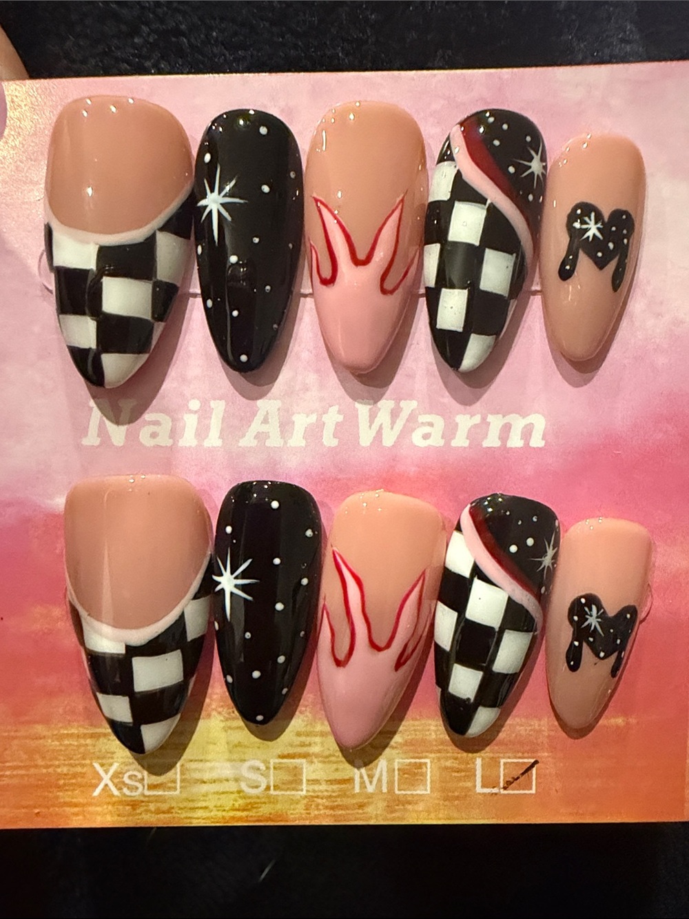 Checkerboard & Flame handmade acrylic Press-On Nails in Nude, Black, White, Red